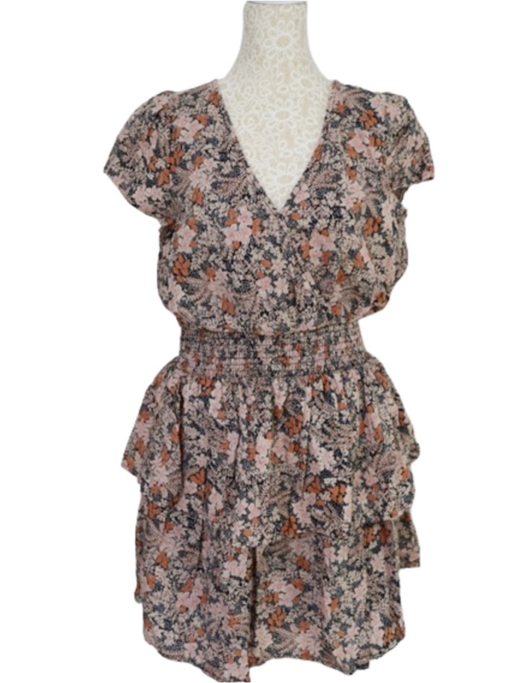 American Eagle AE cream floral print short sleeve ruffle mini dress NWOT size XS